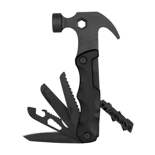 Valkyrie Çok Fonksiyonlu Çekiç Çakı Çantalı Kamp Outdoor Testere Tornavida Seti Siyah - 2