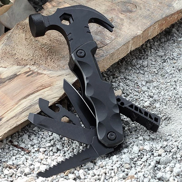 Valkyrie Çok Fonksiyonlu Çekiç Çakı Çantalı Kamp Outdoor Testere Tornavida Seti Siyah - 7