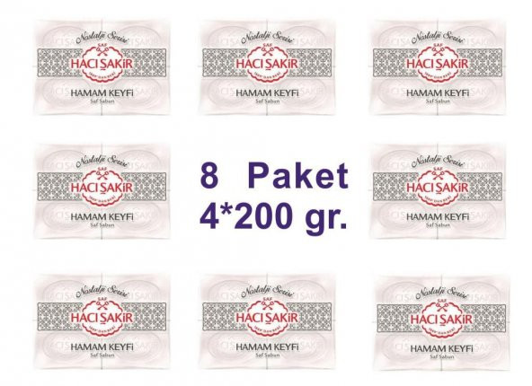 8 Paket Hacı Şakir Hamam Keyfi Saf Sabun 200 gr x 4lü