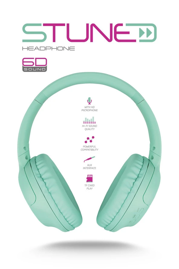 Powerway Stune Kulaküstü Turkuaz Bluetooth Kulaklık Hafıza Kartı 6D Sound 18 Saat Kullanım Süresi - 2