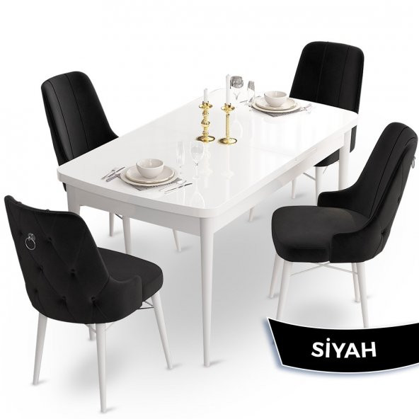 Taç Serisi 80x132 Açılabilir Beyaz Mutfak Masa Takımı 4 Sandalye Gümüş Halkalı