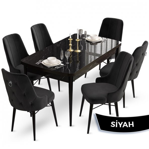 Taç Serisi, 80x132  Siyah Mermer Desen Mutfak Masası Takımı, 6 Sandalye Gümüş Halkalı