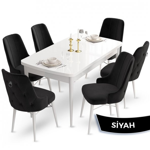 Taç Serisi 80x132 Açılabilir Beyaz Mutfak Masa Takımı 6 Sandalye Gümüş Halkalı