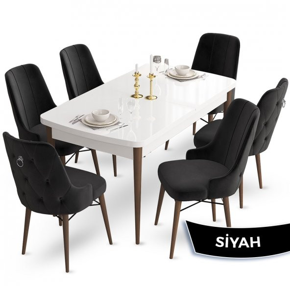 Taç Serisi 80x132 Beyaz Masa Ceviz Ayak Mutfak Masası Takımı 6 Sandalye Gümüş Halkalı