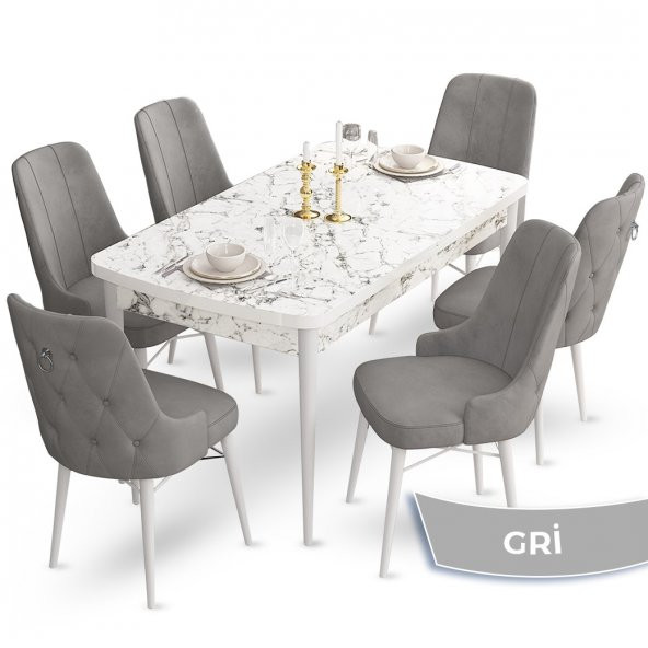 Taç Serisi Açılabilir 80x132 Beyaz Mermer Desen Mutfak Masa Takımı 6 Sandalye Gümüş Halkalı