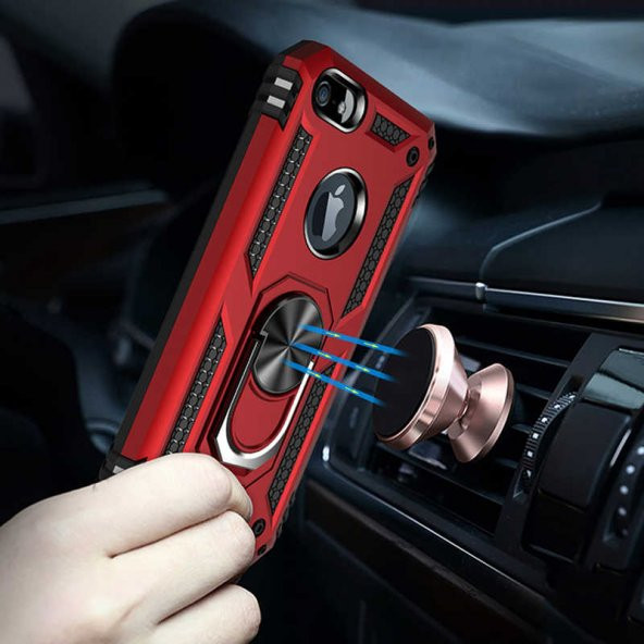 İphone 5-5S Metal Yüzüklü Tam Korumalı Standlı Silikon Kılıf - Kırmızı - 2