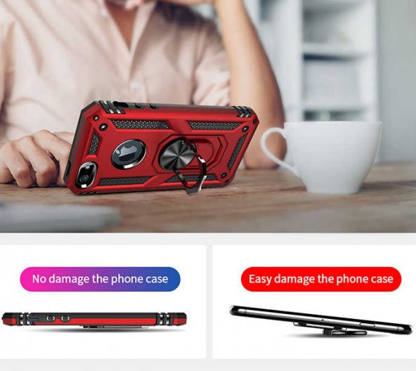 İphone 5-5S Metal Yüzüklü Tam Korumalı Standlı Silikon Kılıf - Kırmızı - 3