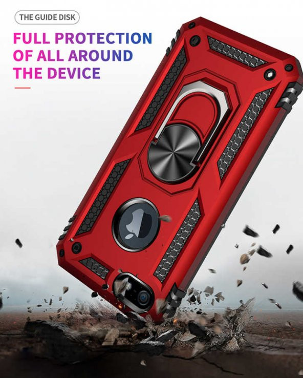 İphone 5-5S Metal Yüzüklü Tam Korumalı Standlı Silikon Kılıf - Kırmızı - 4