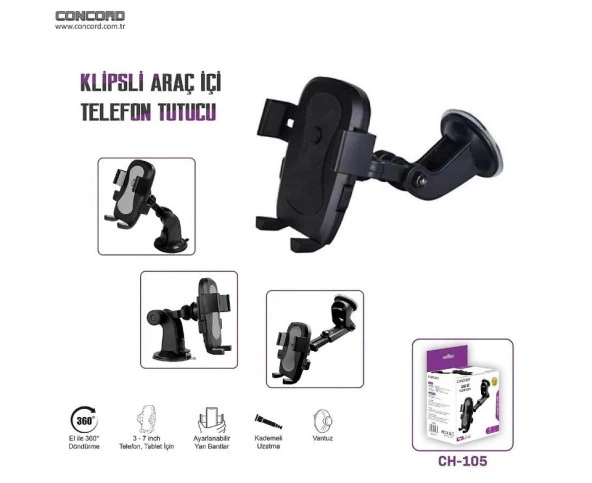 Concord CH105 Klipsi Vantuzlu Teleskopik Araç Telefon Tutucu - 2