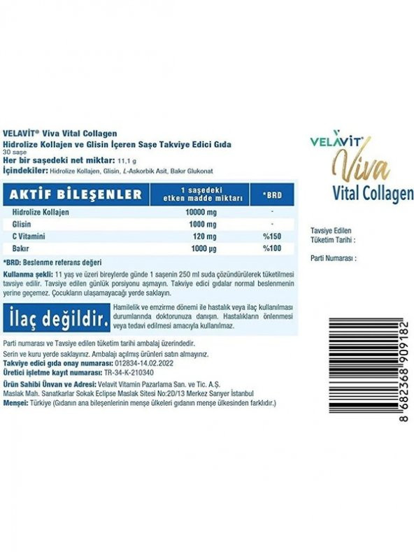 Velavit Viva Vital Collagen 30 Toz Saşe, Ekstra Glisinli Kollajen - 2