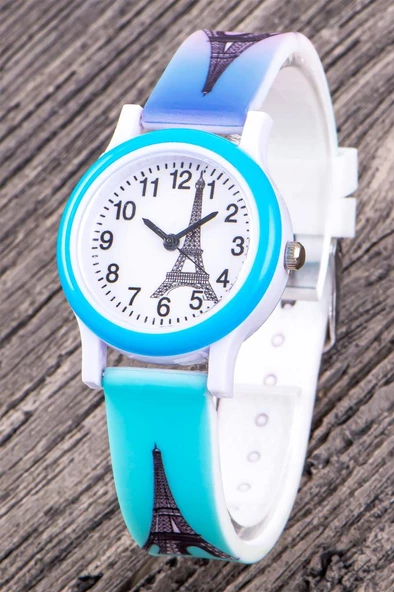 4-12 Yaş Eyfel Kulesi Mavi Pembe Kordon Saat Kız Çocuk Kol Saati ST-304337 ürün görseli