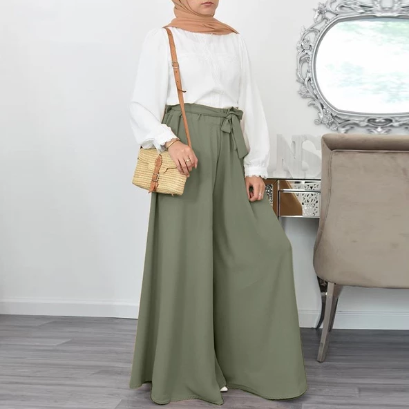 Barbora Keten Yazlık Günlük Kemerli Kadın Pantolon Şalvar LN345haki