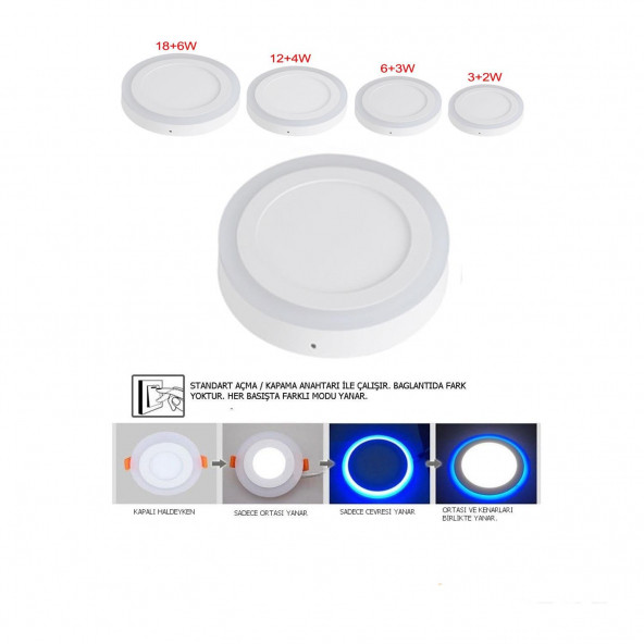Elmax 16 Watt 12+4 Çift Renkli Led Panel Spot Lamba SIVA ÜSTÜ  Mavi-beyaz 3 Kademeli - 2