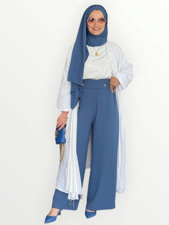 BELİ LASTİKLİ VE DÜĞME DETAYLI BOL PAÇA PANTOLON
