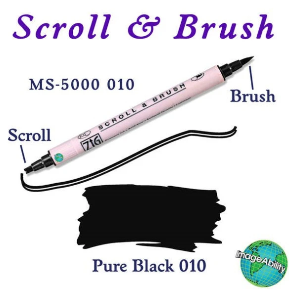 Zig Scroll & Brush Çift Çizgi ve Fırça Uçlu Kaligrafi ve Gölgeleme Kalemi 010 Pure Black