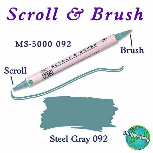 Zig Scroll & Brush Çift Çizgi ve Fırça Uçlu Kaligrafi ve Gölgeleme Kalemi 092 Steel Gray