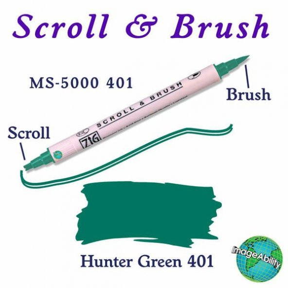 Zig Scroll & Brush Çift Çizgi ve Fırça Uçlu Kaligrafi ve Gölgeleme Kalemi 401 Hunter Green