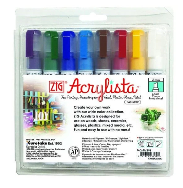 Zig Acrylista Marker Akrilik Boyama Kalemi 6 mm Kesik Uç 8 RENK SET BASIC