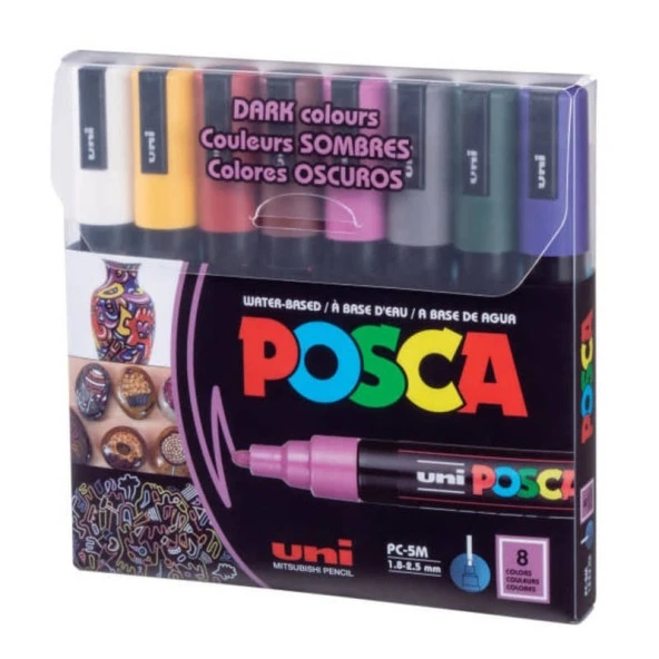 Uni Posca PC-5M Boyama Markörü 1.8-2.5 mm 8li Set Koyu Renkler
