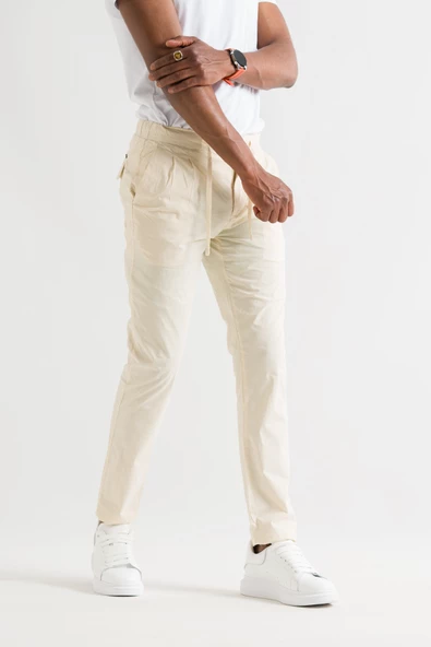 Çift Pileli Regular Fit Beli Lastikli İplikli Yazlık İnce Kumaş Erkek Jogger Pantolon - Resim 3