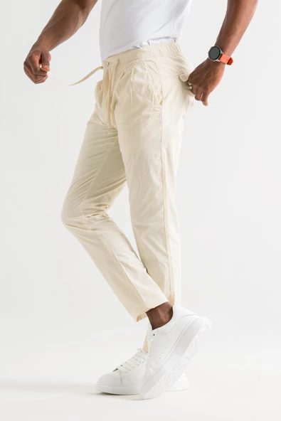 Çift Pileli Regular Fit Beli Lastikli İplikli Yazlık İnce Kumaş Erkek Jogger Pantolon - Resim 5