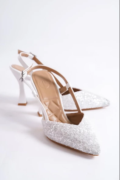 Paris Beyaz Cam Kırığı Arkası Açık Stiletto Kadeh Topuklu Abiye Ayakkabı - Resim 4