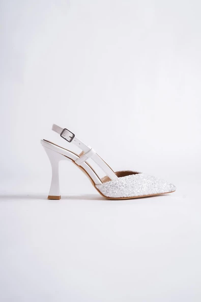 Paris Beyaz Cam Kırığı Arkası Açık Stiletto Kadeh Topuklu Abiye Ayakkabı - Resim 2