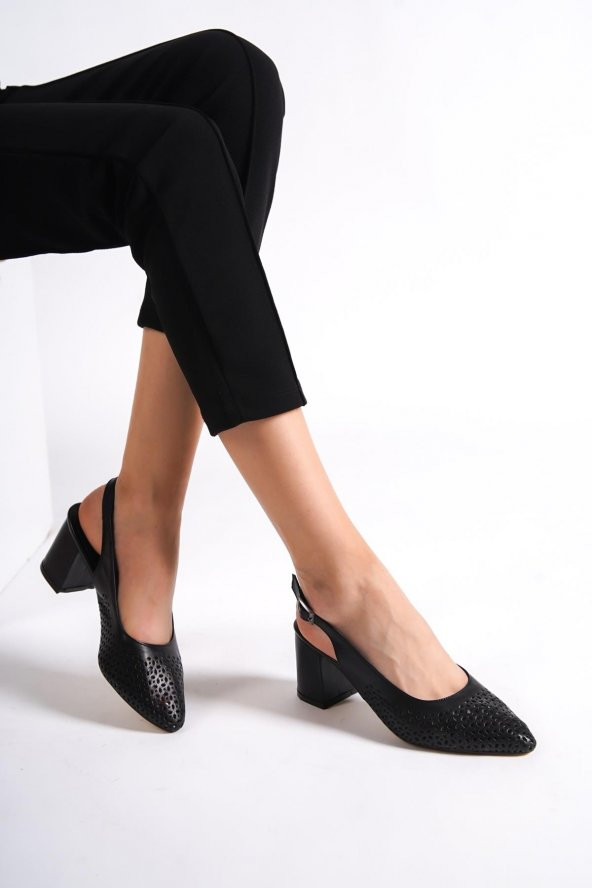 Modabuymus Mariana Hakiki Deri Siyah Stiletto Kalın Topuklu Ayakkabı