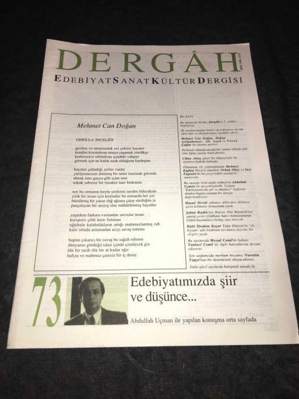 DERGAH Dergisi Mart 1996 Sayı 73 EDEBİYATIMIZDA ŞİİR VE DÜŞÜNCE-Abdullah Uçman   ( İKİNCİ EL ÜRÜN )