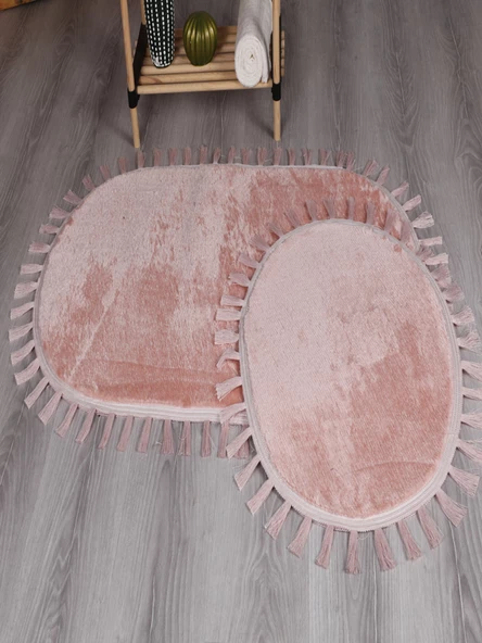 Modern Dekoratif Yıkanabilir Peluş Puffy Kaymaz Taban Oval Püskül Saçaklı 2'li Banyo Paspası 50x80 - 10