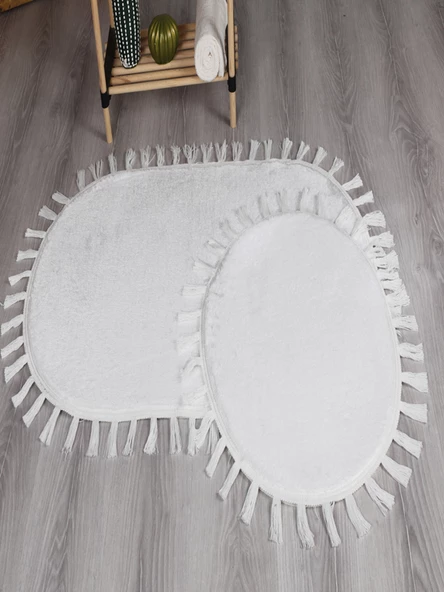 Modern Dekoratif Yıkanabilir Peluş Puffy Kaymaz Taban Oval Püskül Saçaklı 2'li Banyo Paspası 50x80 - 4