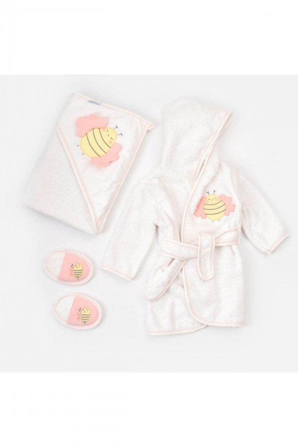 Bibaby 66367 Kız Bebek Happy Bee 3'lü Bornoz Seti Ekru-Pembe