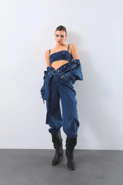Kadın Oversize Jean Tulum Koyu Mavi - 2