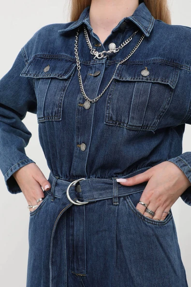 Kadın Oversize Jean Tulum Koyu Mavi - 9