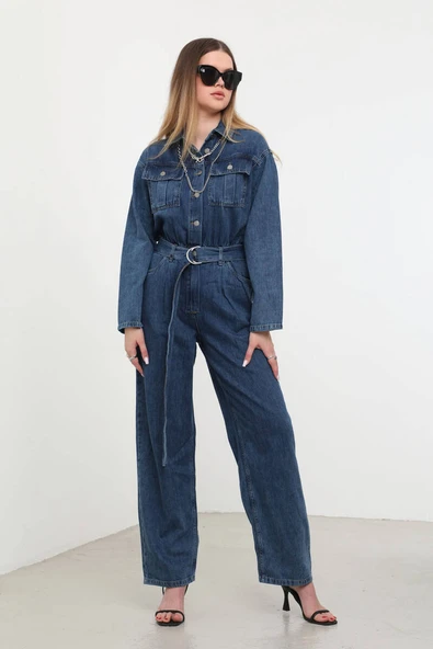 Kadın Oversize Jean Tulum Koyu Mavi - 6