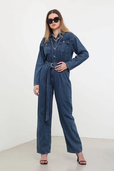 Kadın Oversize Jean Tulum Koyu Mavi - 5