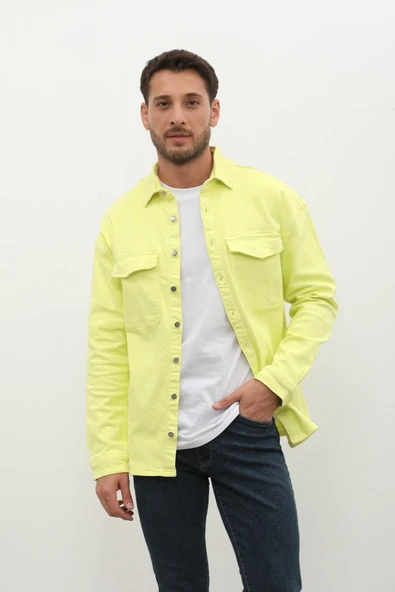 Erkek Oversize Jean Gömlek Neon Yeşil - 5