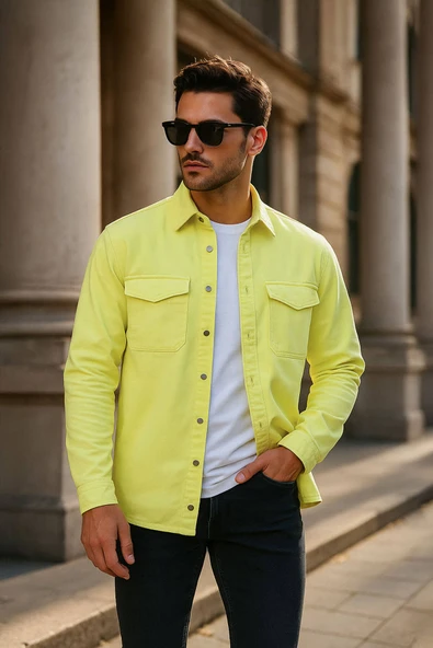 Erkek Oversize Jean Gömlek Neon Yeşil