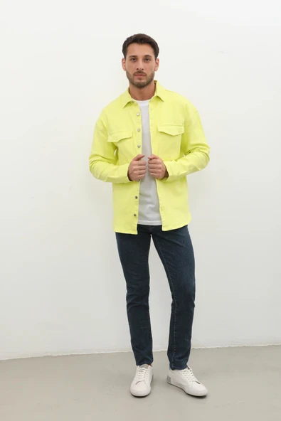 Erkek Oversize Jean Gömlek Neon Yeşil - 4
