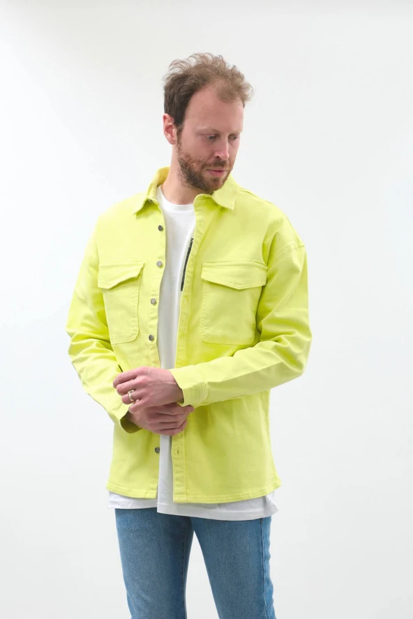 Erkek Oversize Jean Gömlek Neon Yeşil