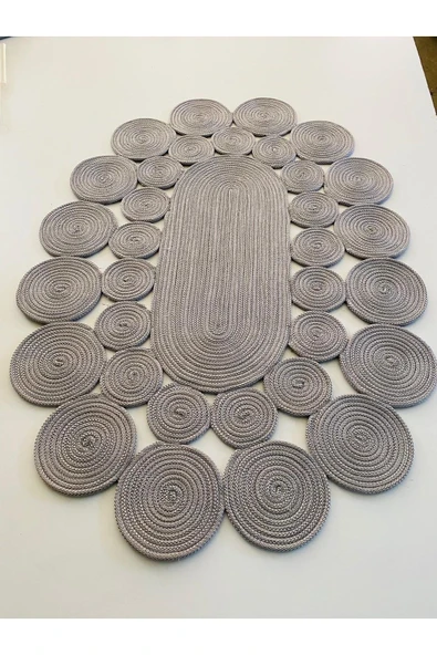 Özcan Tasarım Gri Oval Hasır Halı - Gri Oval Jüt Halı - Gri Örme Jüt Halı - Resim 2