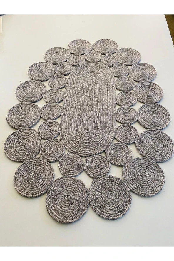 Gri Oval Hasır Halı - Gri Oval Jüt Halı - Gri Örme Jüt Halı - 2