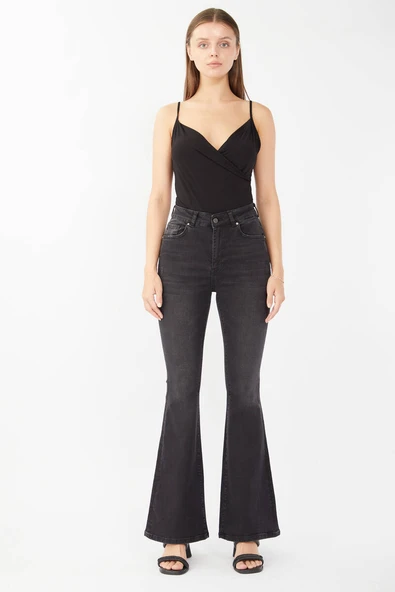 Kadın Antrasit İsypanyol Paça Jean Pantolon - Resim 3