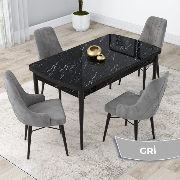 Lia Serisi 80x132 Açılabilir Mutfak Masa Takımı Siyah Mermer Desen Masa 4 Sandalye