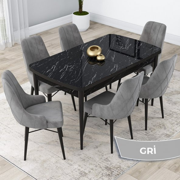 Lia Serisi 80x132 Açılabilir  Mutfak Masa Takımı Siyah Mermer Desen Masa 6 Sandalye