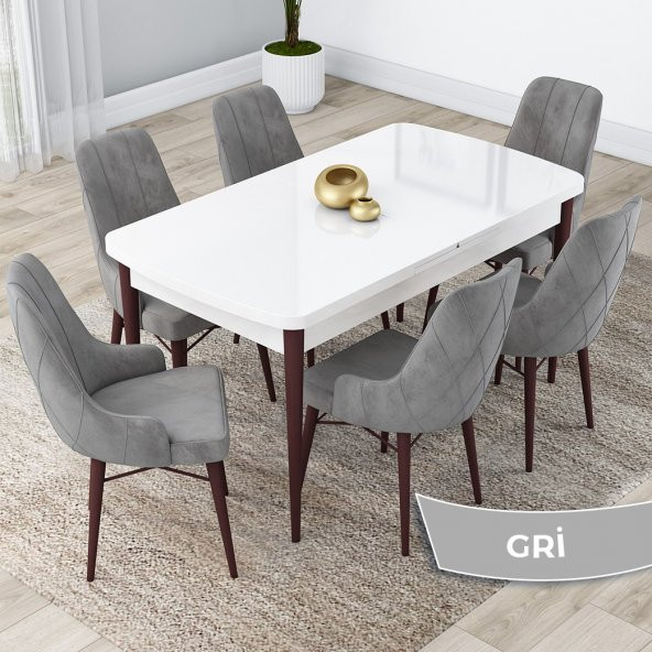 Lia Serisi, 80x132 Açılabilir Mutfak Masa Takımı Beyaz Masa Ceviz Ayak 6 Sandalye