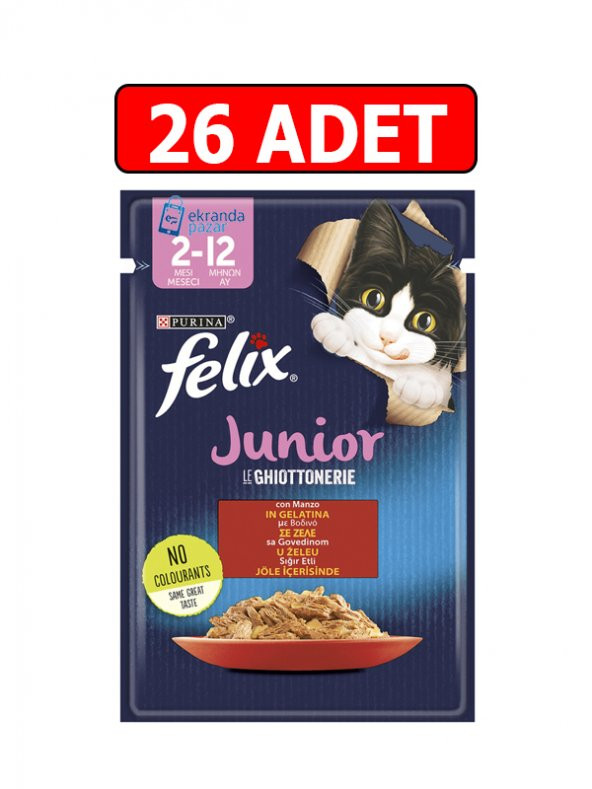 Purina felix sığır etli junior yavru kedi ıslak maması 85gr 26adet kedi yaş mama kedi pouch konserve