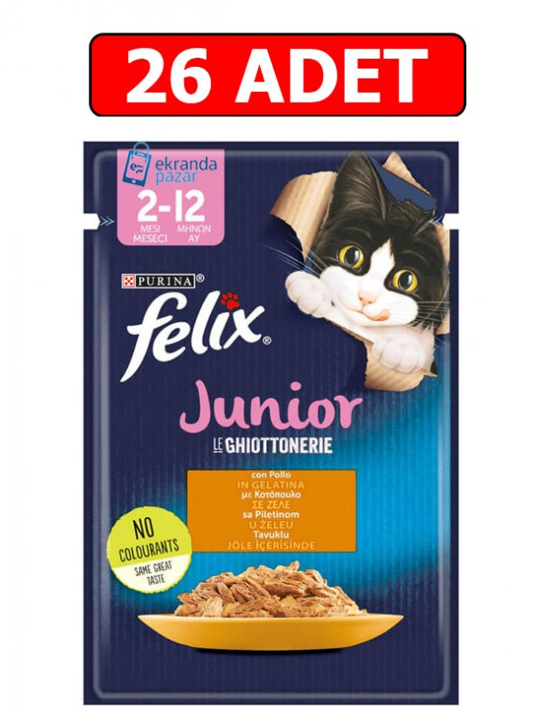 Purina felix tavuklu junior yavru kedi ıslak maması 85gr x 26 adet kedi yaş mama kedi pouch konserve