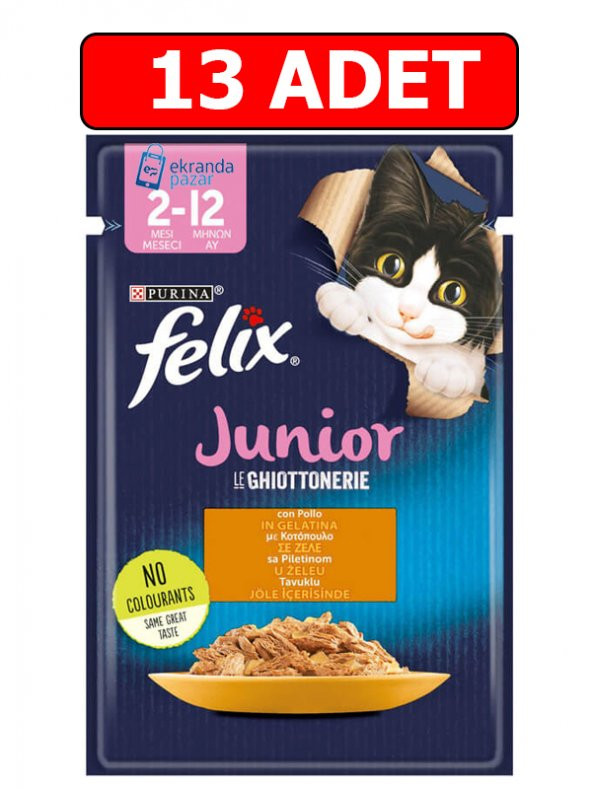 Purina felix tavuklu junior yavru kedi ıslak maması 85gr x 13 adet kedi yaş mama kedi pouch konserve