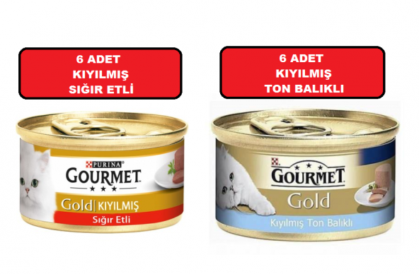 Purina gourmet kıyılmış ikili paket 6 adet sığır kıyılmış 6 adet ton kıyılmış 85 gr kedi yaş mama